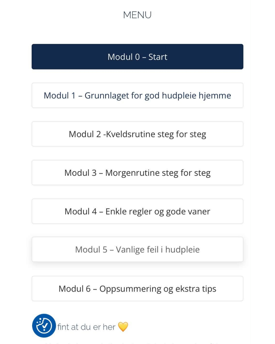 Skjermbilde av Stine Spas Online Hudpleieguide med introduksjon og seks moduler om hudpleie hjemme.